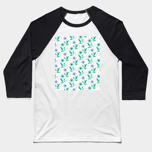 Geometric Flowers with Green Leaves and Birds Baseball T-Shirt by EliveraDesigns